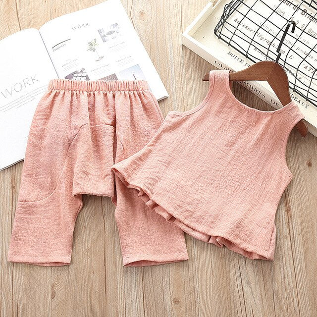 Hot Sale Baby Girl Clothes Summer New Girls' Clothing Sets Kids Baby Clothes Toddler Solid Sleeveless Shirt+harem Pants 2-6Y