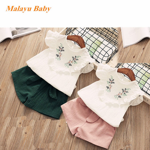 Malayu Baby Girls' Clothes Set 2019 Summer New Girls Floral Small Flying Sleeve Tops + Shorts 2Pcs Children's Clothing 3-7 years