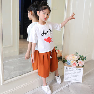 Girls' Clothing 2018 Summer Kids Children Sets Letters leisure Round Neck Short Sleeves + Wide Legged Pants Baby Girl Clothes