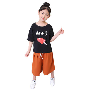 Girls' Clothing 2018 Summer Kids Children Sets Letters leisure Round Neck Short Sleeves + Wide Legged Pants Baby Girl Clothes