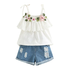 Load image into Gallery viewer, 2019 Hot Summer New Girls&#39; Clothing Sets Toddler Kids Baby Girl Outfits Clothes Embroidery T-shirt+Denim Shorts Jeans Set W627