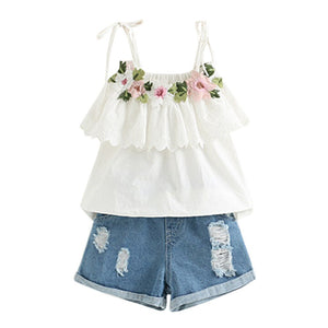 2019 Hot Summer New Girls' Clothing Sets Toddler Kids Baby Girl Outfits Clothes Embroidery T-shirt+Denim Shorts Jeans Set W627