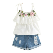 Load image into Gallery viewer, 2019 Hot Summer New Girls&#39; Clothing Sets Toddler Kids Baby Girl Outfits Clothes Embroidery T-shirt+Denim Shorts Jeans Set W627