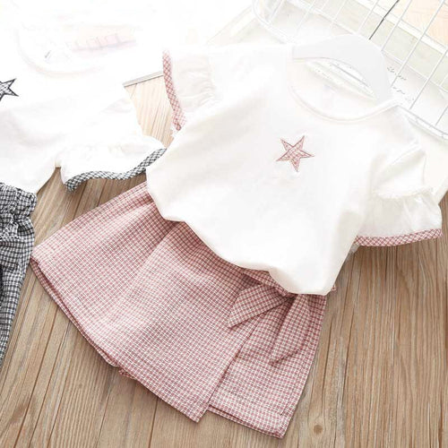 Girls' Children Clothing Set 2019 NEW Pentagram printed short sleeveT-shirt +Waistband Girls Suit Cute Kids Baby Clothes