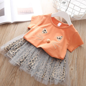 Girls clothes 2019 NEW Children Girls' Clothing Set Baby Girl Clothes Dot Cat Tops +Mesh Skirt Toddler Girls Suit Kids Clothes