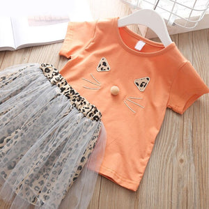 Girls clothes 2019 NEW Children Girls' Clothing Set Baby Girl Clothes Dot Cat Tops +Mesh Skirt Toddler Girls Suit Kids Clothes