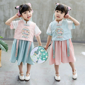 Summer Girls' Cheongsam Dresses Improved Children Han Chinese Clothing Set Flower Embroidery National Style Baby Girl Dress