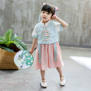 Summer Girls' Cheongsam Dresses Improved Children Han Chinese Clothing Set Flower Embroidery National Style Baby Girl Dress