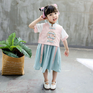 Summer Girls' Cheongsam Dresses Improved Children Han Chinese Clothing Set Flower Embroidery National Style Baby Girl Dress