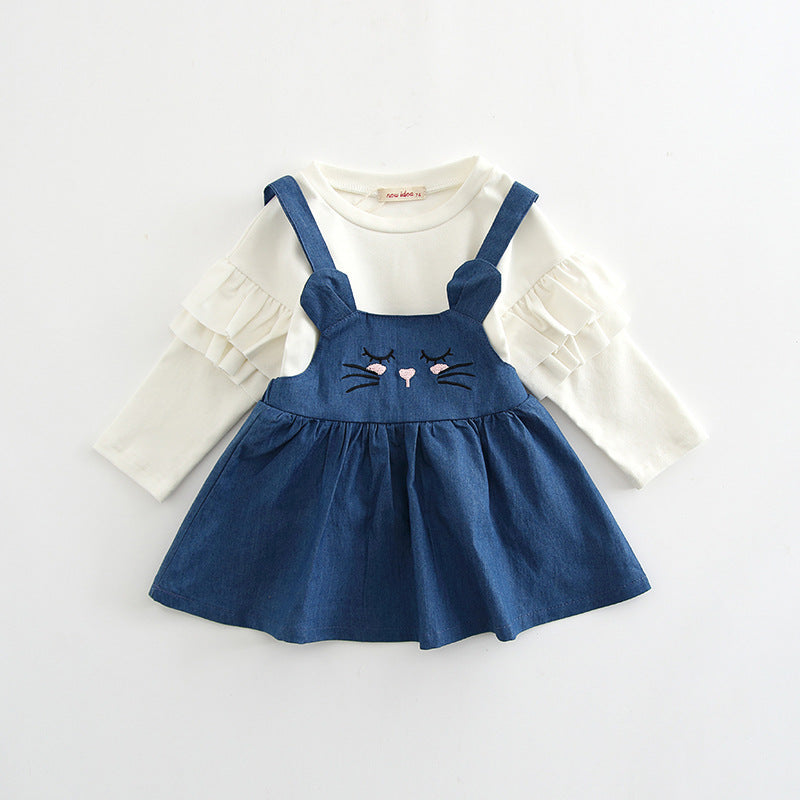 Idea Girls' Shirt 2018 Autumn New Style Dress Outfit Baby Denim Skirt Two-Piece Set-Style Cartoon Autumn Clothing 8217