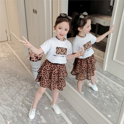 Girls' Clothing Set 2019 NEW Baby Girl Cotton Clothes Letter Tops+Leopard printing Skirt Toddler Girls Suit Baby Kids Clothes