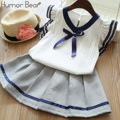 Humor Bear 2019 New Summer Girls' Clothing Children's Clothes College Style Bow Cotton T-Shirt + Skirt  Baby Kids Clothing Se