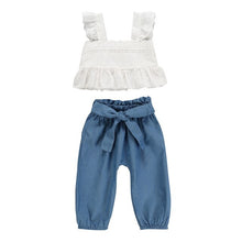 Load image into Gallery viewer, Baby Girl Clothes 2019 Hot Summer New Girls&#39; Clothing Sets Strap Ruffled Lace Slash neck Tops Bow Denim Pants 2PC Outfits Sets