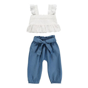 Baby Girl Clothes 2019 Hot Summer New Girls' Clothing Sets Strap Ruffled Lace Slash neck Tops Bow Denim Pants 2PC Outfits Sets