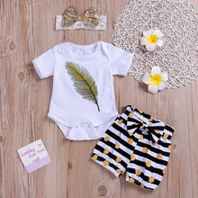 Load image into Gallery viewer, Baby Girl Clothes 2019 Hot Summer New Girls&#39; Clothing Short Sleeve O-Neck Feather Romper+Stripe Shorts+Headbands Set Outfit