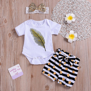 Baby Girl Clothes 2019 Hot Summer New Girls' Clothing Short Sleeve O-Neck Feather Romper+Stripe Shorts+Headbands Set Outfit