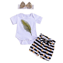 Load image into Gallery viewer, Baby Girl Clothes 2019 Hot Summer New Girls&#39; Clothing Short Sleeve O-Neck Feather Romper+Stripe Shorts+Headbands Set Outfit