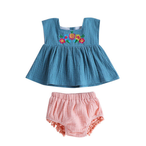 Baby Girl Clothes 2019 Hot Summer New Girls' Clothing Sets Sleeveless Floral Print Embroidery Tops+Tassels Shorts Outfits Set