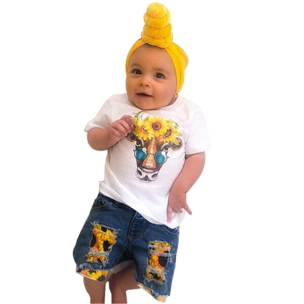 Baby Girl Clothes 2019 Hot Summer New Girls' Clothing Sets Sunflower Print O-Neck Short Sleeve T-Shirt+Denim Shorts Set 2019