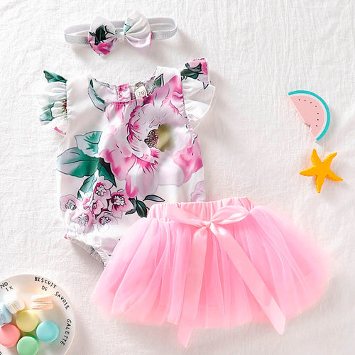 Baby Girl Clothes 2019 Hot Summer New Girls' Clothing Ruffles Floral Print Romper Bodysuit Tulle Skirts HairBand Outfits