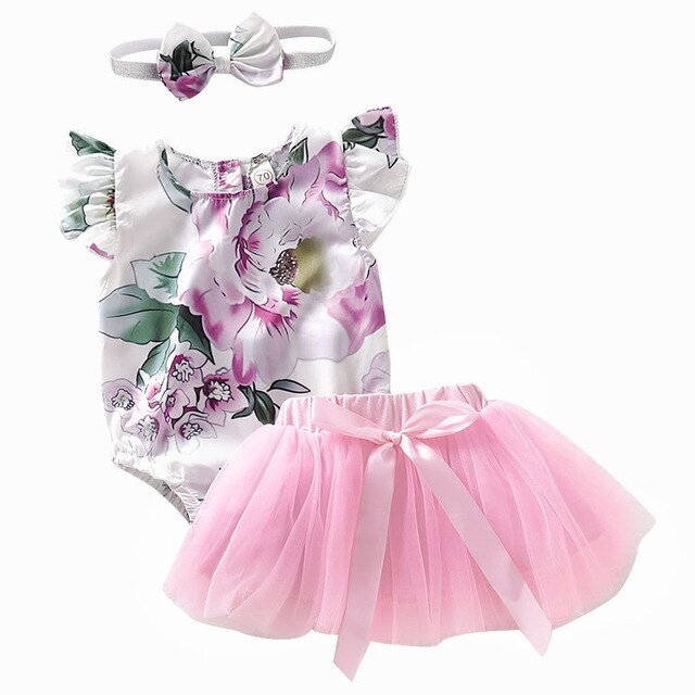 Baby Girl Clothes 2019 Hot Summer New Girls' Clothing Ruffles Floral Print Romper Bodysuit Tulle Skirts HairBand Outfits