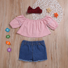 Load image into Gallery viewer, Baby Girl Clothes 2019 Hot Summer New Girls&#39; Clothing Sets Toddler Girls Off Shoulder Solid Tops+ Jeans Shorts Outfits Set