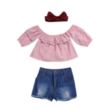 Load image into Gallery viewer, Baby Girl Clothes 2019 Hot Summer New Girls&#39; Clothing Sets Toddler Girls Off Shoulder Solid Tops+ Jeans Shorts Outfits Set