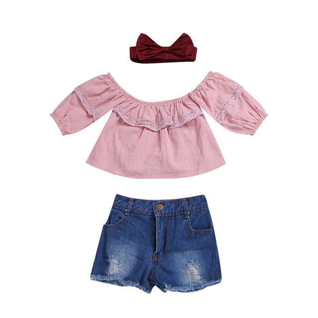 Baby Girl Clothes 2019 Hot Summer New Girls' Clothing Sets Toddler Girls Off Shoulder Solid Tops+ Jeans Shorts Outfits Set