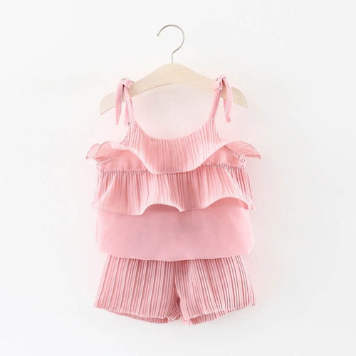 Hot Children'S Clothing Female Baby Summer Solid Color Chiffon Sling Tops Plus Pants Two-Piece Suit