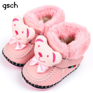 GSCH Leather Baby Boots Winter Bear Warm Ankle Girl Snow Boots Soft Rabbit Fur Boy Baby Moccasins Infant Shoes Kids First Walker