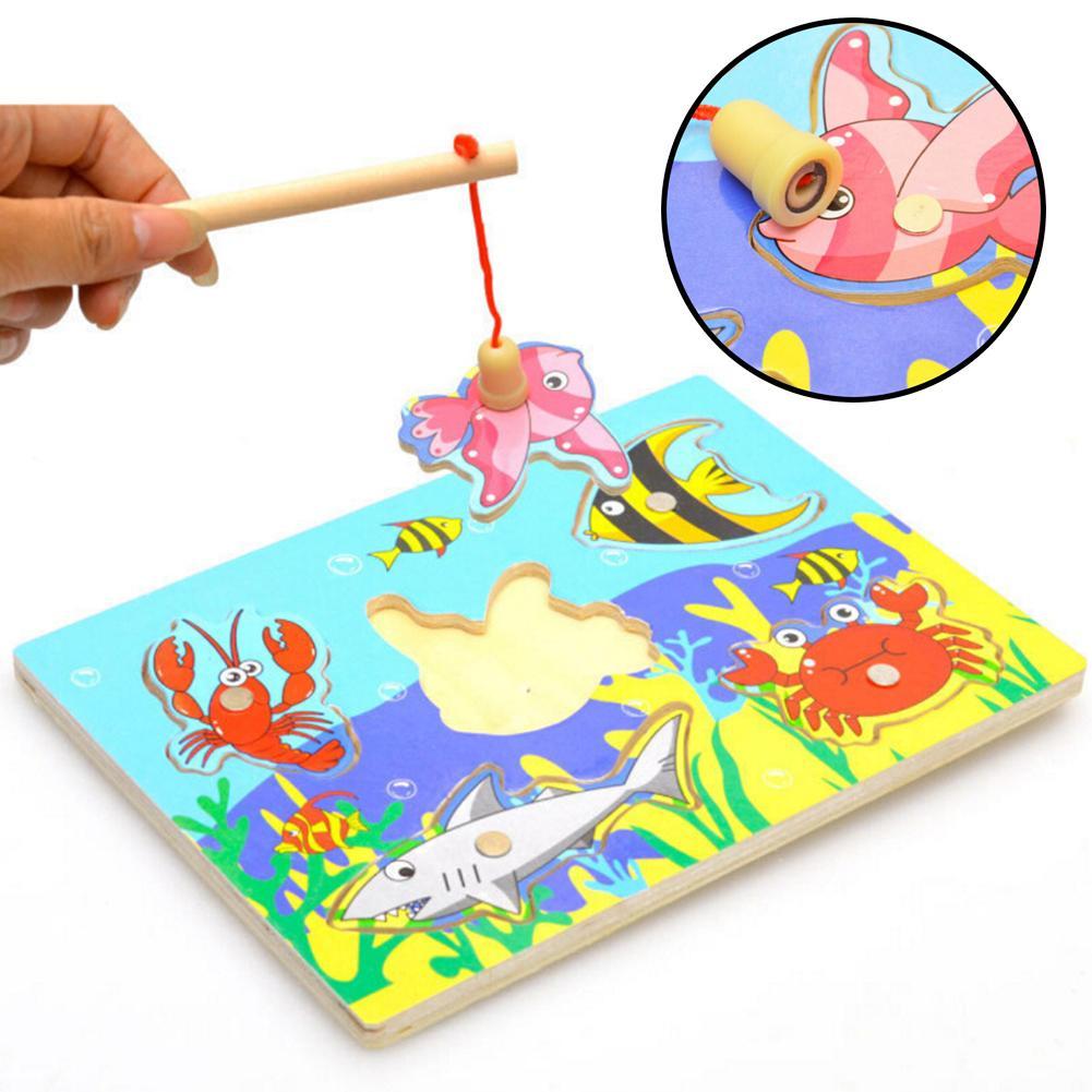 Cute Ocean Animal Crab Fish Baby Puzzle Preschool Infant Magnetic Fishing Wooden Toy 3D Jigsaw Children Educational Gift Toy