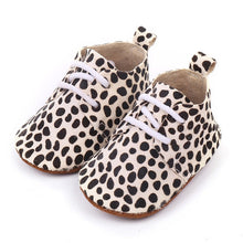 Load image into Gallery viewer, Genuine Leather Baby shoes Leopard print Baby moccasins Horse hair Boys First walkers Lace Baby Girls Soft shoes