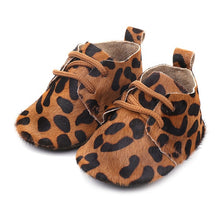 Load image into Gallery viewer, Genuine Leather Baby shoes Leopard print Baby moccasins Horse hair Boys First walkers Lace Baby Girls Soft shoes