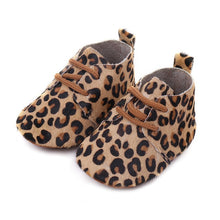 Load image into Gallery viewer, Genuine Leather Baby shoes Leopard print Baby moccasins Horse hair Boys First walkers Lace Baby Girls Soft shoes