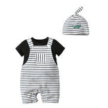 Load image into Gallery viewer, 2019 New Boys&#39; Cotton Summer Clothing Set Short-sleeved 3pc Suit Baby Romper + Stripe Suspender Pants Baby Hats Summer Outfit