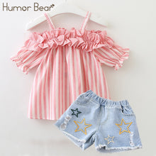 Load image into Gallery viewer, Humor Bear Summer Baby Girls Clothes 2019 Brand New Strap Stripe Pleated lace Girls&#39; Clothing Sets Condole Belt Tops+Pant 2-6Y