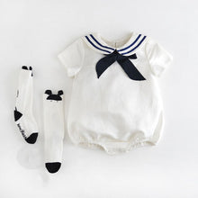 Load image into Gallery viewer, Free Shipping Girls&#39; Baby Clothing Summer Short Bodysuit Triangle One-piece Baby Cotton Lovely Navy Sailor Costume Outfit + Sock