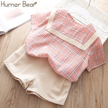 Load image into Gallery viewer, Humor Bear Summer Girls&#39; Clothing Set 2019 New Plaid Short sleeve T-shirt+Pocket pant 2Pcs Baby Kids Suit Children&#39;s Clothes