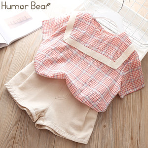 Humor Bear Summer Girls' Clothing Set 2019 New Plaid Short sleeve T-shirt+Pocket pant 2Pcs Baby Kids Suit Children's Clothes