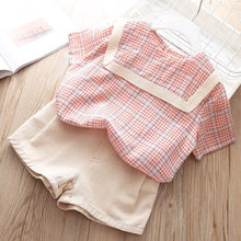 Load image into Gallery viewer, Humor Bear Summer Girls&#39; Clothing Set 2019 New Plaid Short sleeve T-shirt+Pocket pant 2Pcs Baby Kids Suit Children&#39;s Clothes